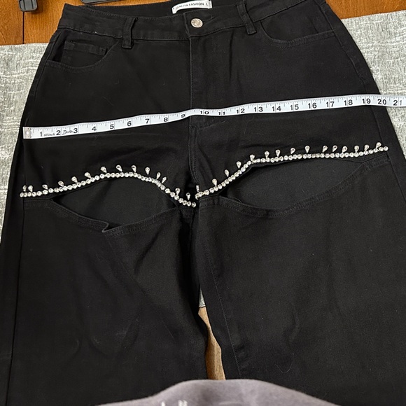 Almeda Jeans Elegant Black Wide Leg with Cut-Out Details and Gems - Picture 6 of 8